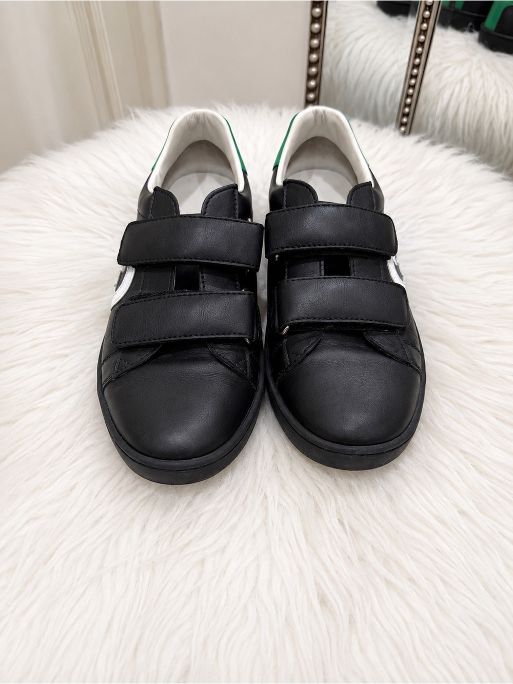 Kids Black Leather Velcro Sneakers